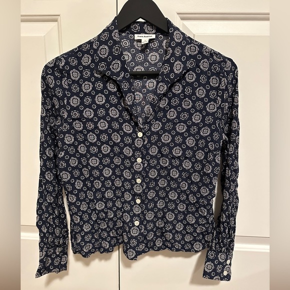 Frank And Oak Navy White floral Paisley Button Down Collared Blouse Size Small - Picture 1 of 10